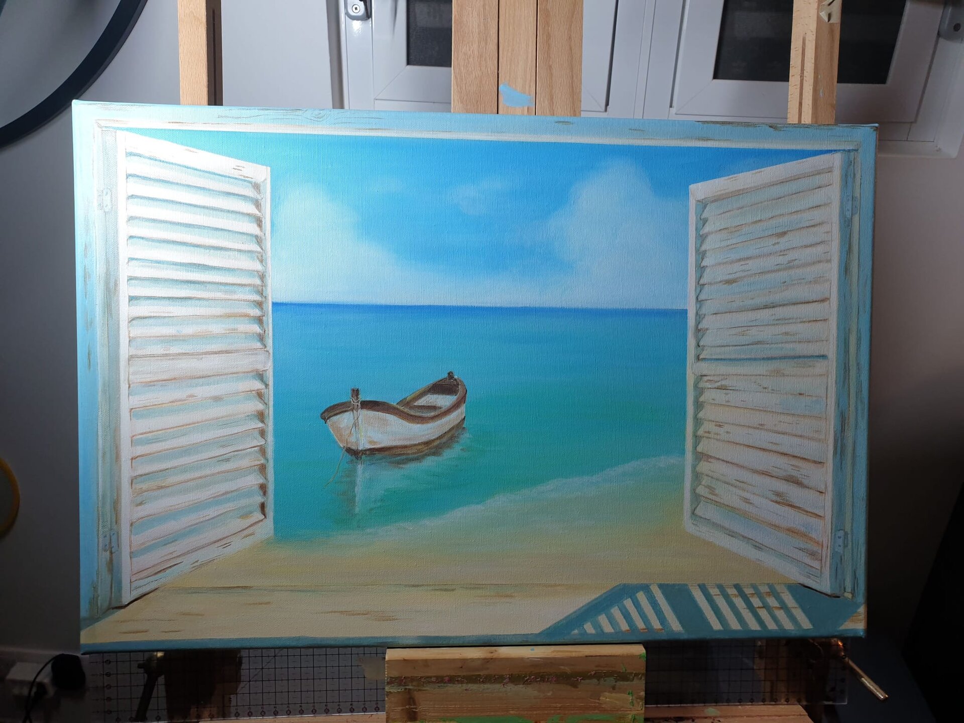 Zee en strand vanuit raam, Bonaire